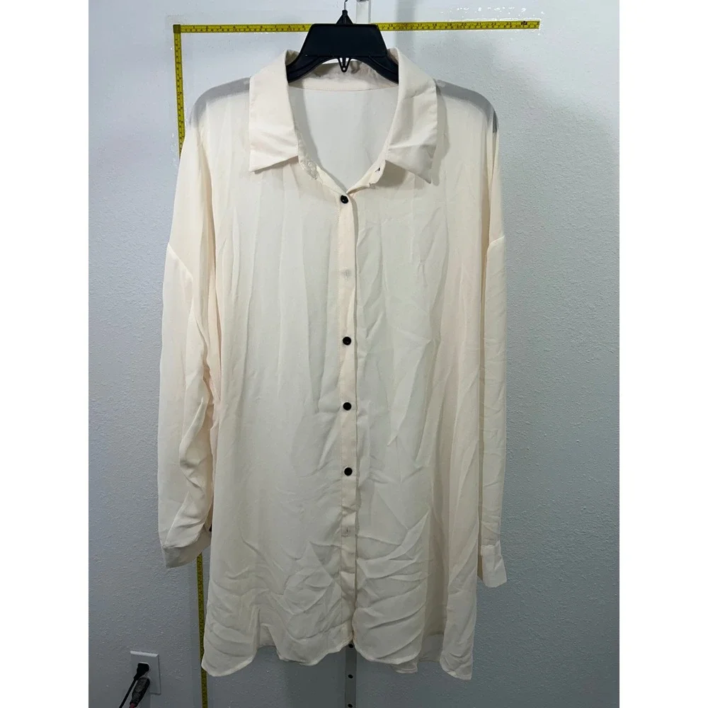 Cream Button Up Tunic Shirt Oversized Long Sleeve Blouse Off White Cream XL